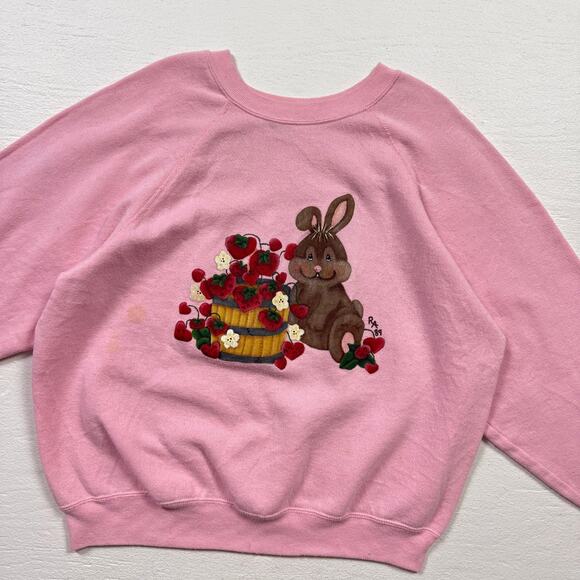 Vintage 80s Bunny Strawberries Graphic Crewneck Sweatshirt, Size 2X - Picture 2 of 10